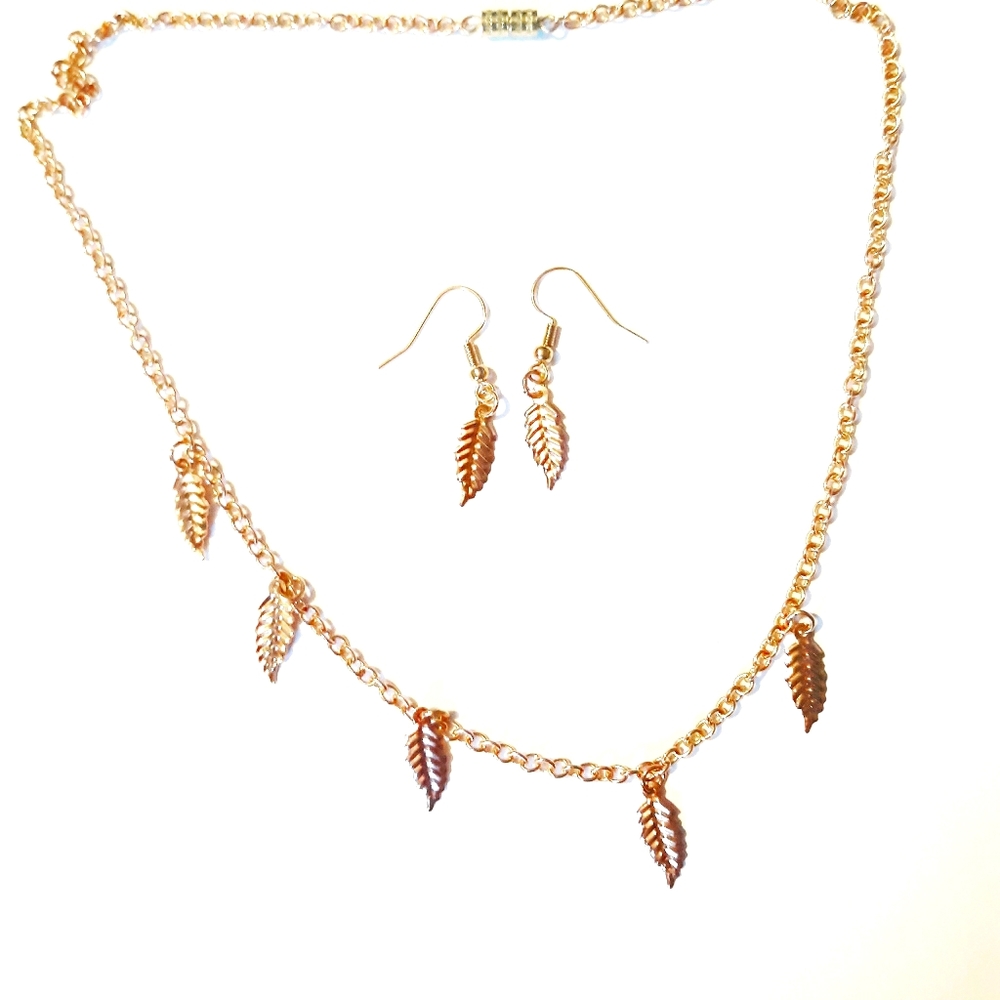 Gold Feather Necklace And Bracelet